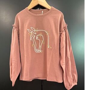 Minymo Girls Horse Sequin Ruffle Long Sleeve Top Pink Size 5Y 110 Organic Cotton